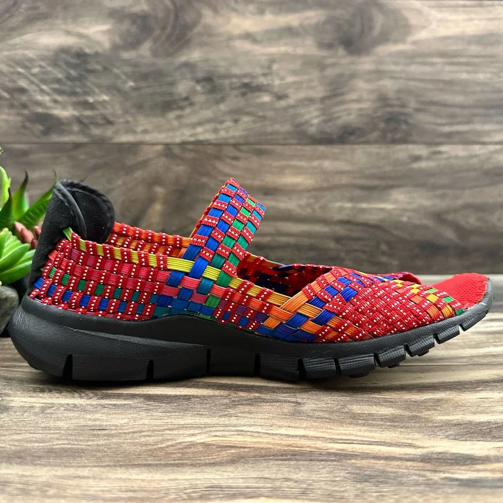 ❌SOLD❌NIB Bernie Mev 39 8 Red Multi Open Toe Woven Stretchy Mary Jane Flats - Picture 6 of 11